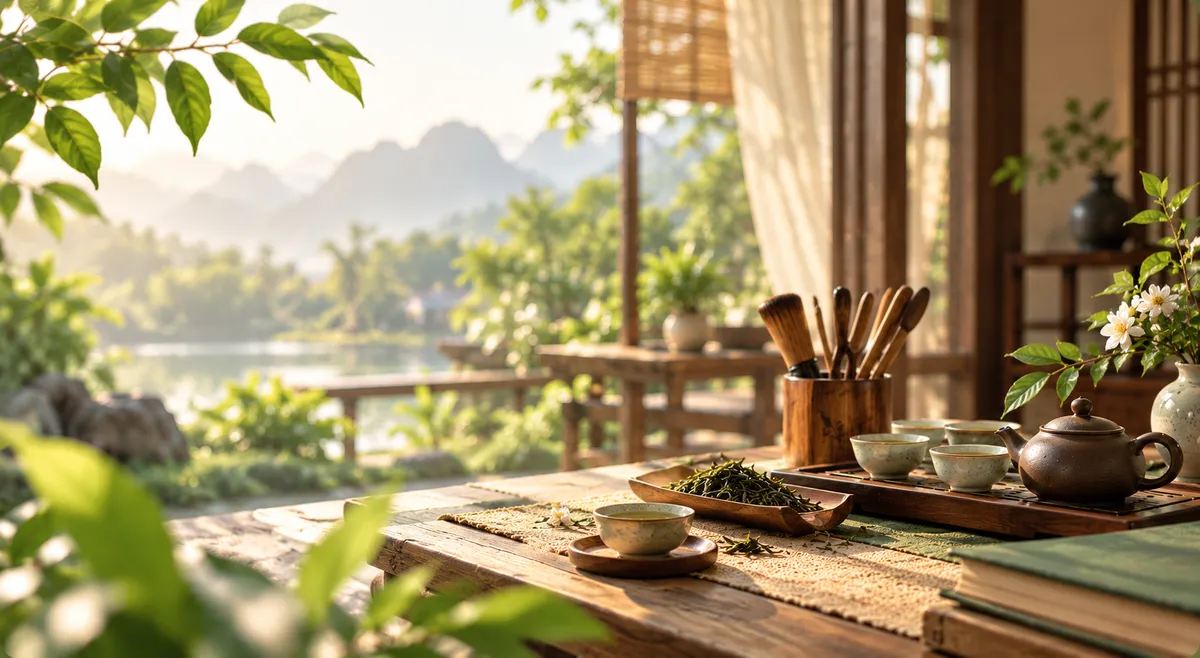 Bàn trà với trà cụ và lá trà